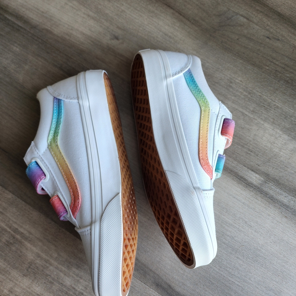 Kids White Rainbow Vans Old Skool Hook And Loop Sneakers Size 3 - Picture 4 of 9